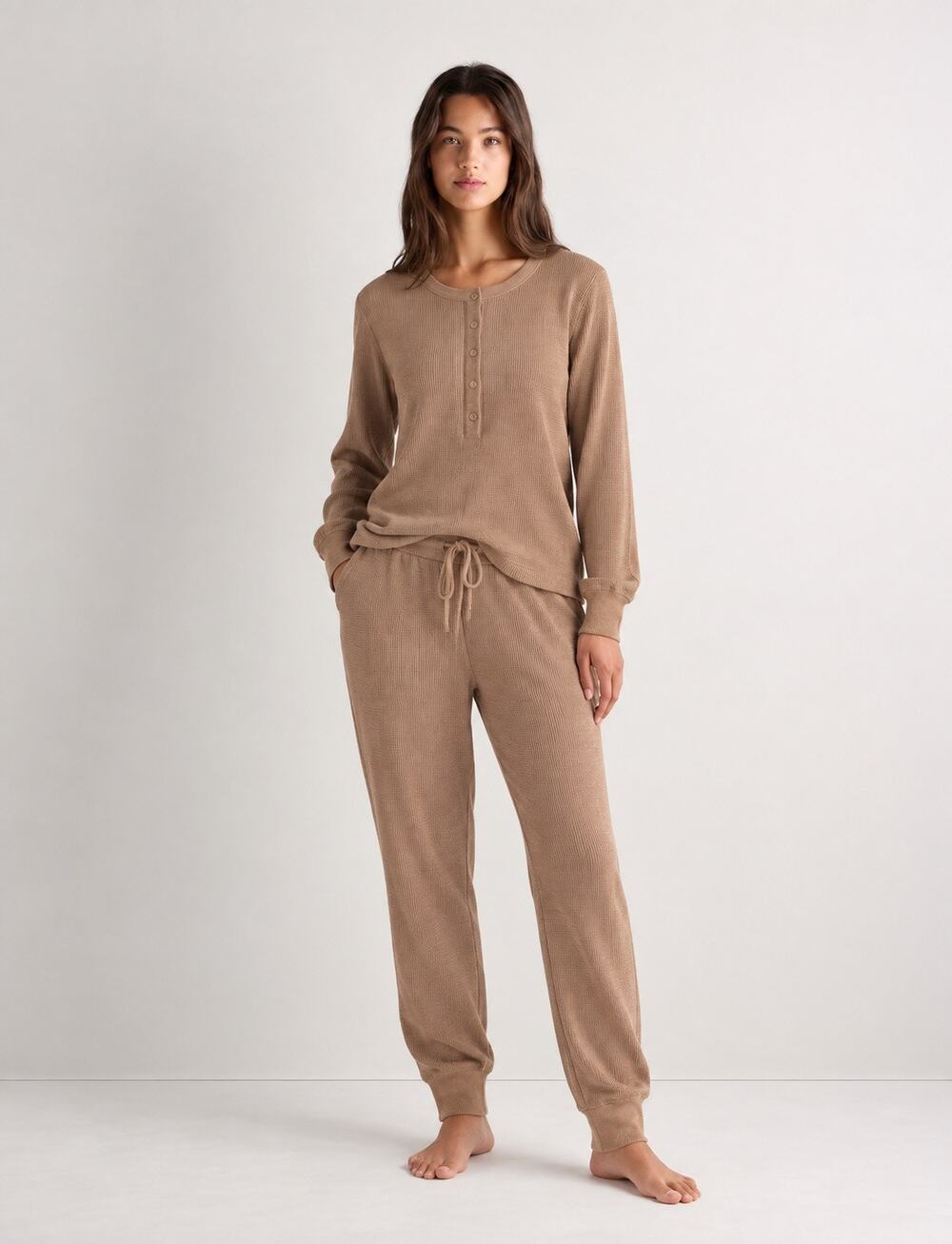 Goumi Women’s Waffle Knit Bamboo Henley Pants Lounge Set Brown Large XL